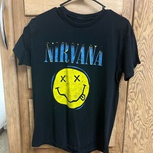 NIRVANA Black Tee with Yellow and Blue Graphic